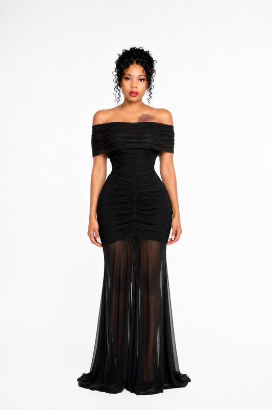 Bardot Ruched Maxi Dress Black