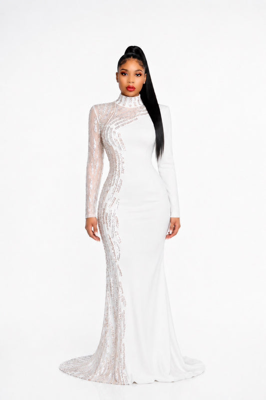 Long Sleeve Sequin Pearl Maxi Dress White