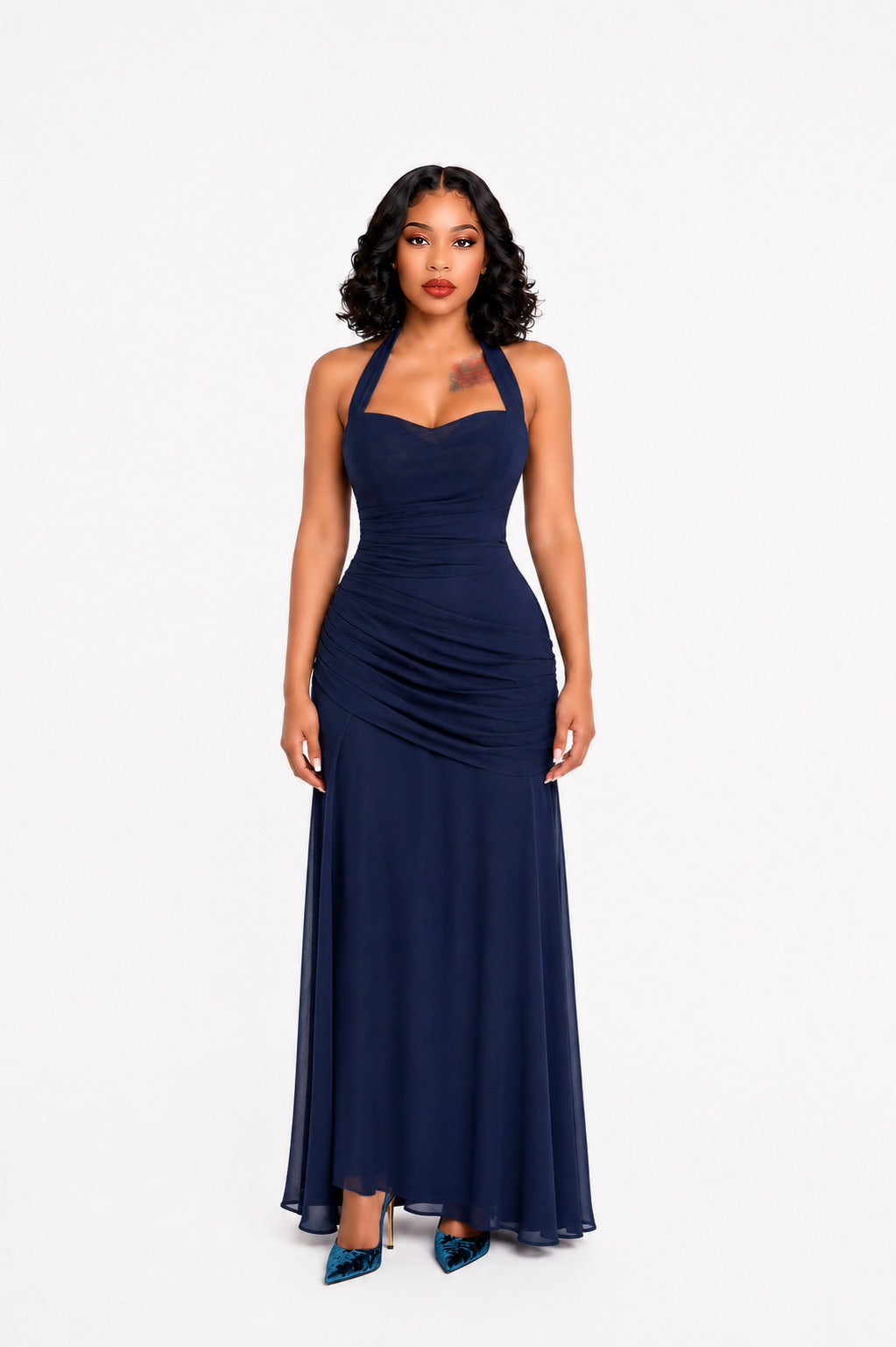 Halter Draped Corset Maxi Dress Navy Blue