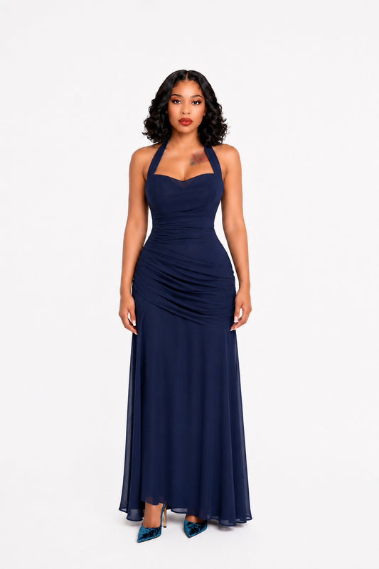 Halter Draped Corset Maxi Dress Navy Blue