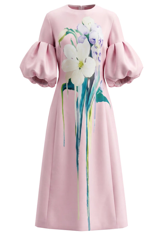 Bubble Sleeve Floral Midi Dress Pink