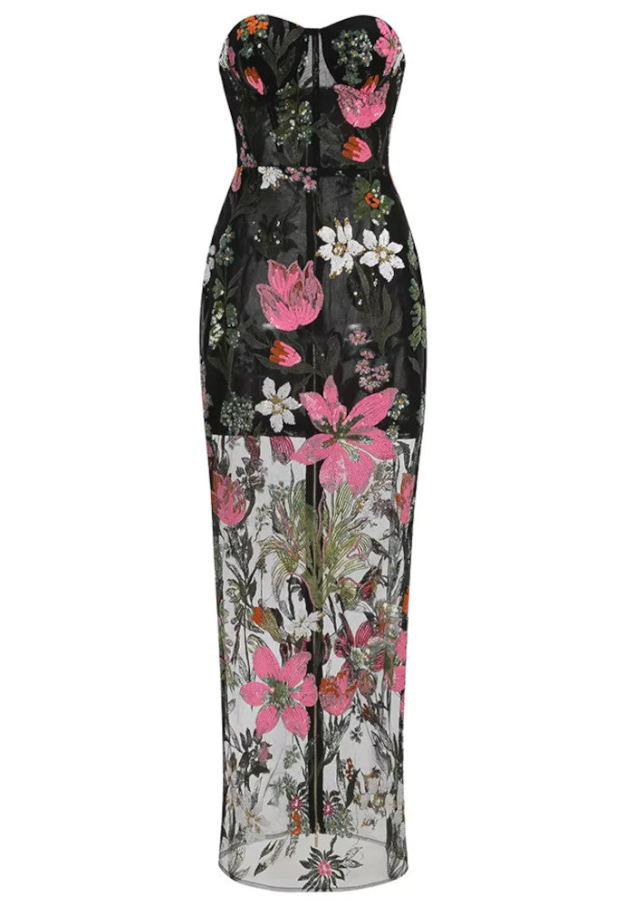 Strapless Sequin Floral Embroidered Maxi Dress Black