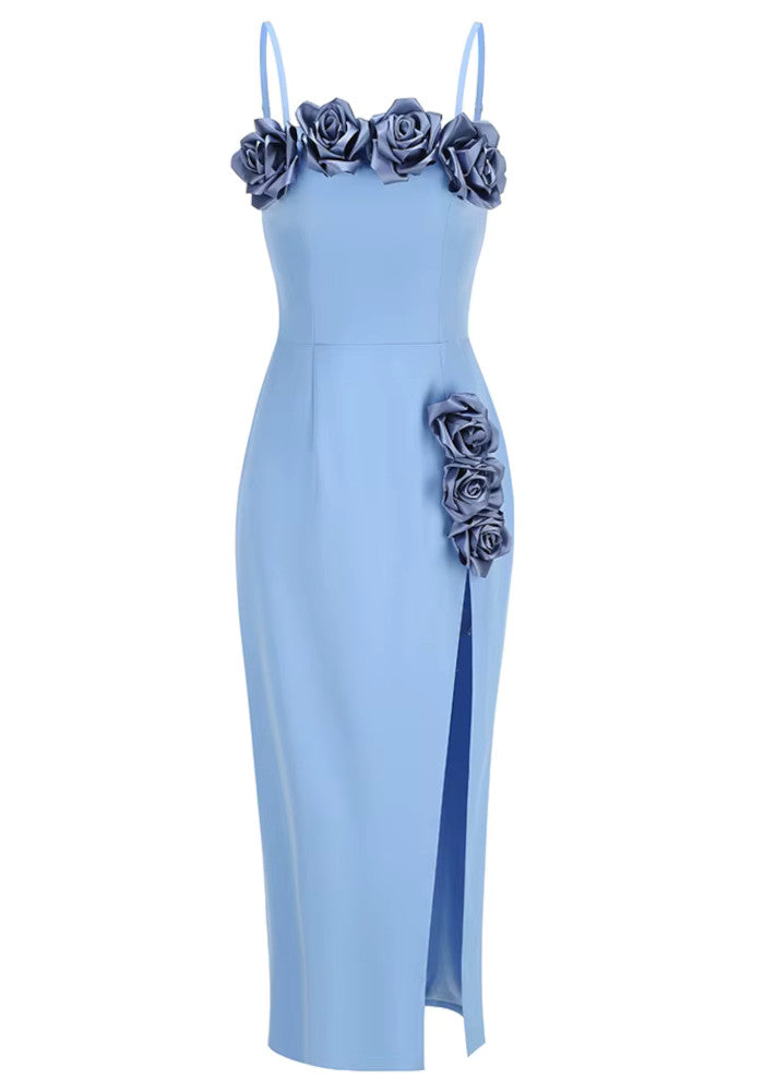 Floral Detail Midi Dress Blue