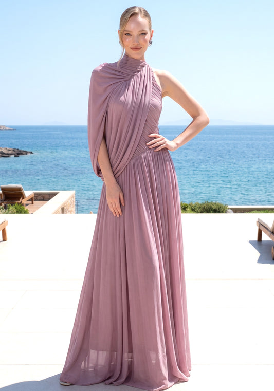 One Sleeve Draped A Line Maxi Dress Pink