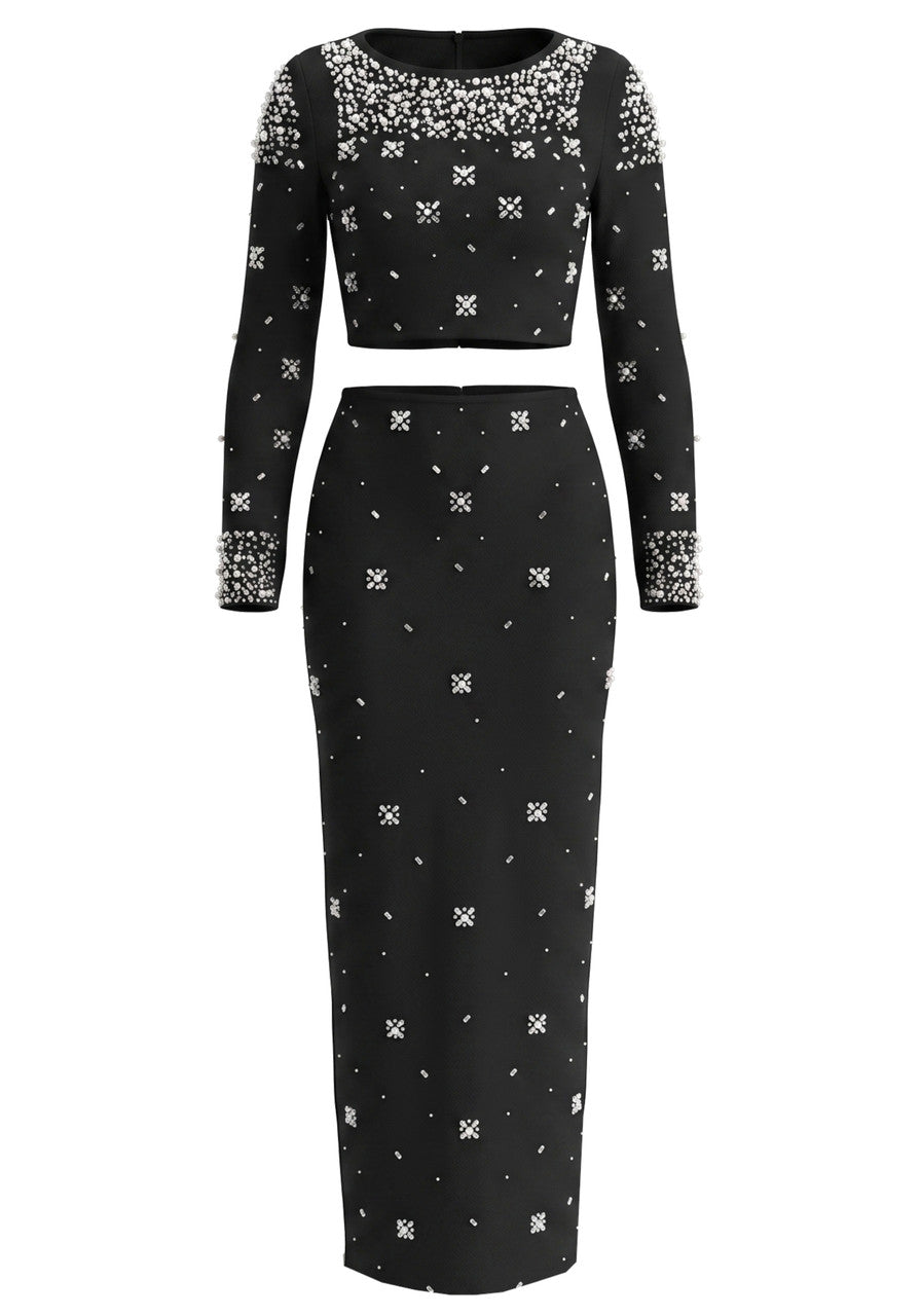 Long Sleeve Crystal Embellished Two Piece Maxi Dress Black