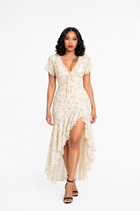 Short Sleeve Floral Lace Detail Ruffle Maxi Dress Yellow