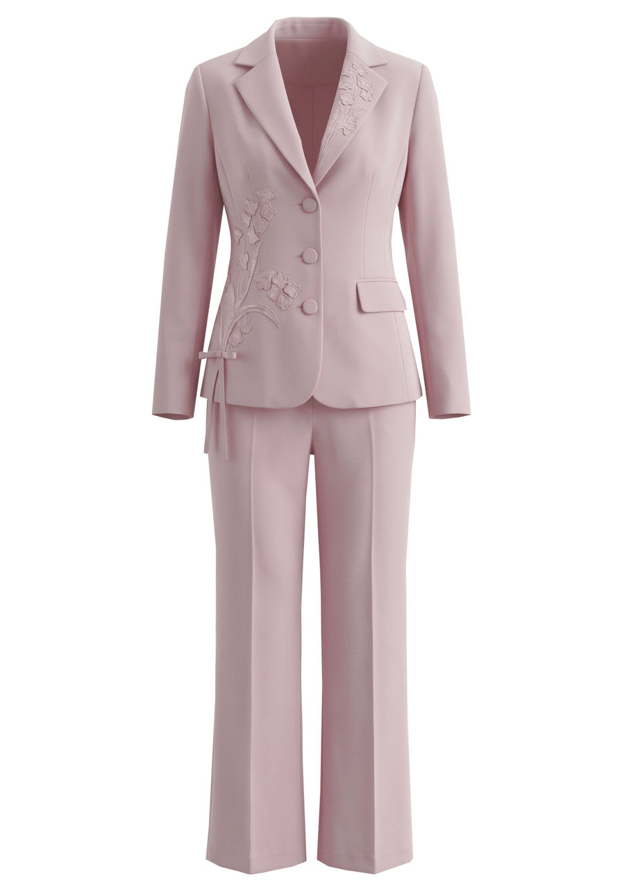 Long Sleeve Floral Embroidered Suit Pink