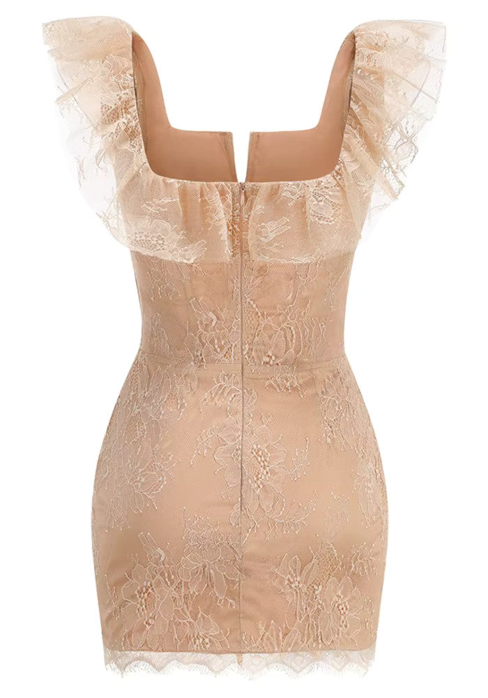 Lace Ruffle Structured Dress Peach Nude