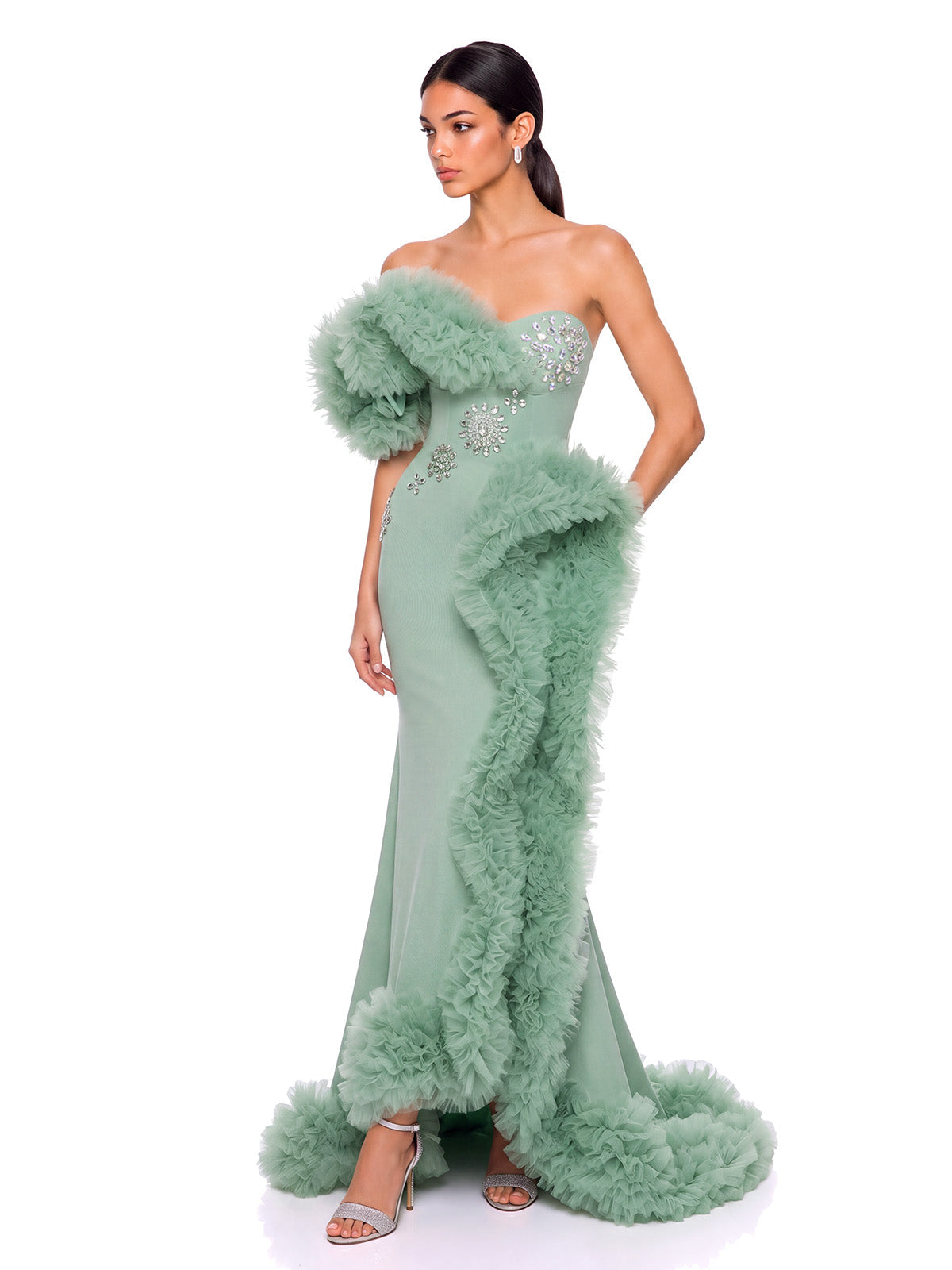 One Shoulder Crystal Tulle Maxi Dress