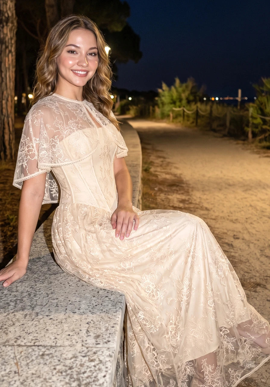 Lace Cape Strapless A Line Maxi Dress Champagne