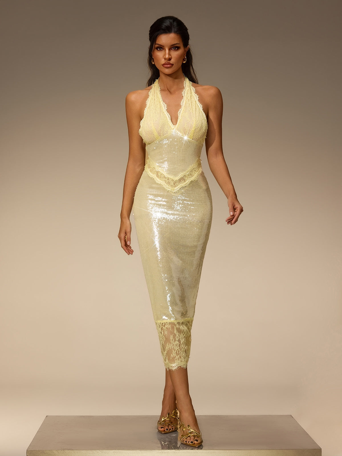 Halterneck Lace Sequin Midi Dress In Beige