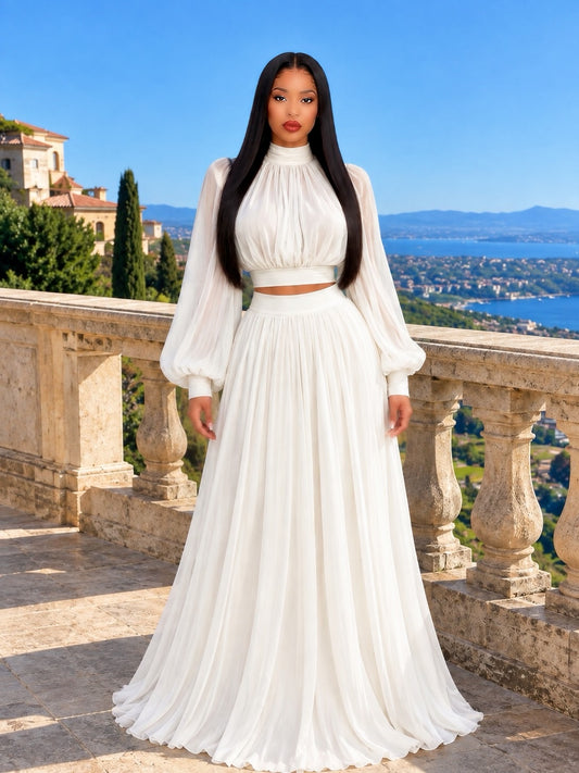 Turtleneck Top High Waist Solid Color Skirt Two Piece Sets