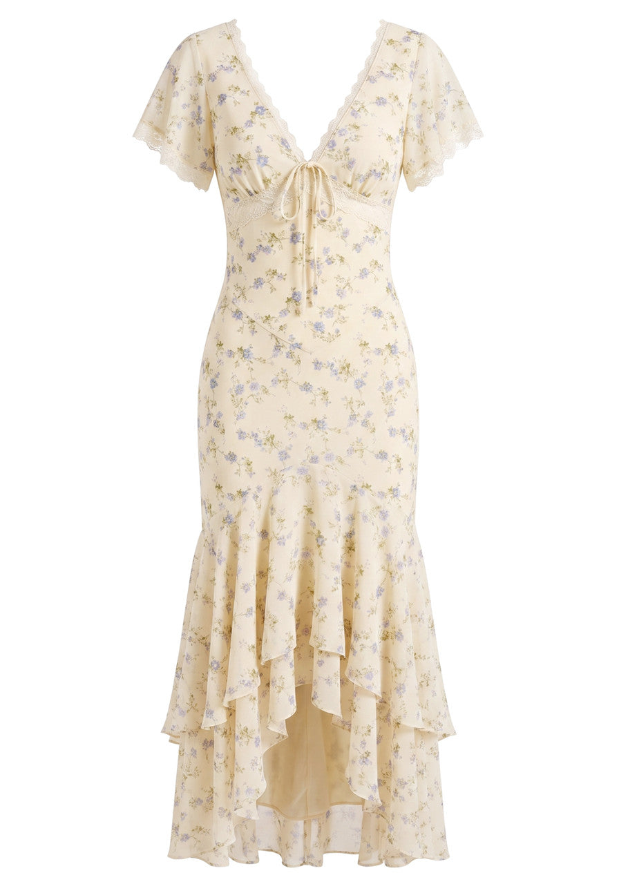 Short Sleeve Floral Lace Detail Ruffle Maxi Dress Yellow