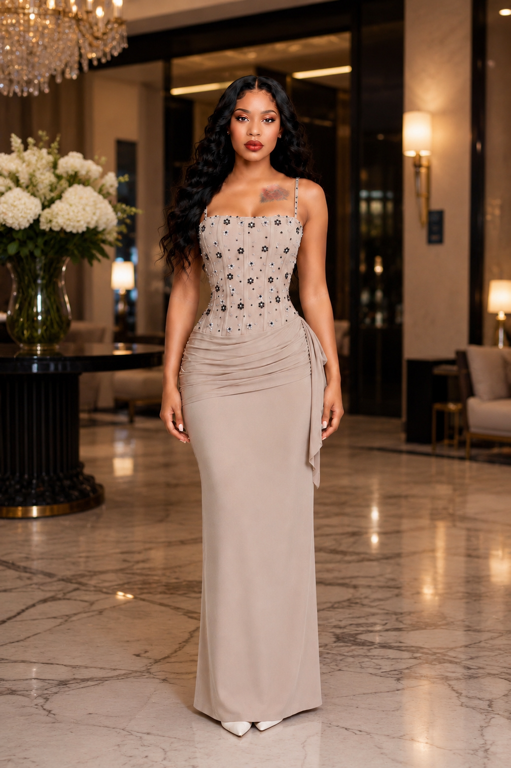Embellished Structured Draped Maxi Dress Nude