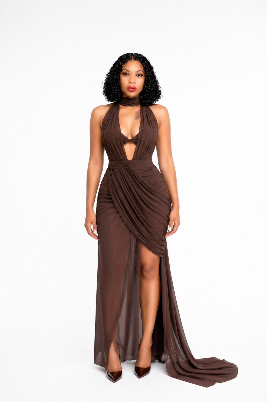 Halter Draped Maxi Dress Brown