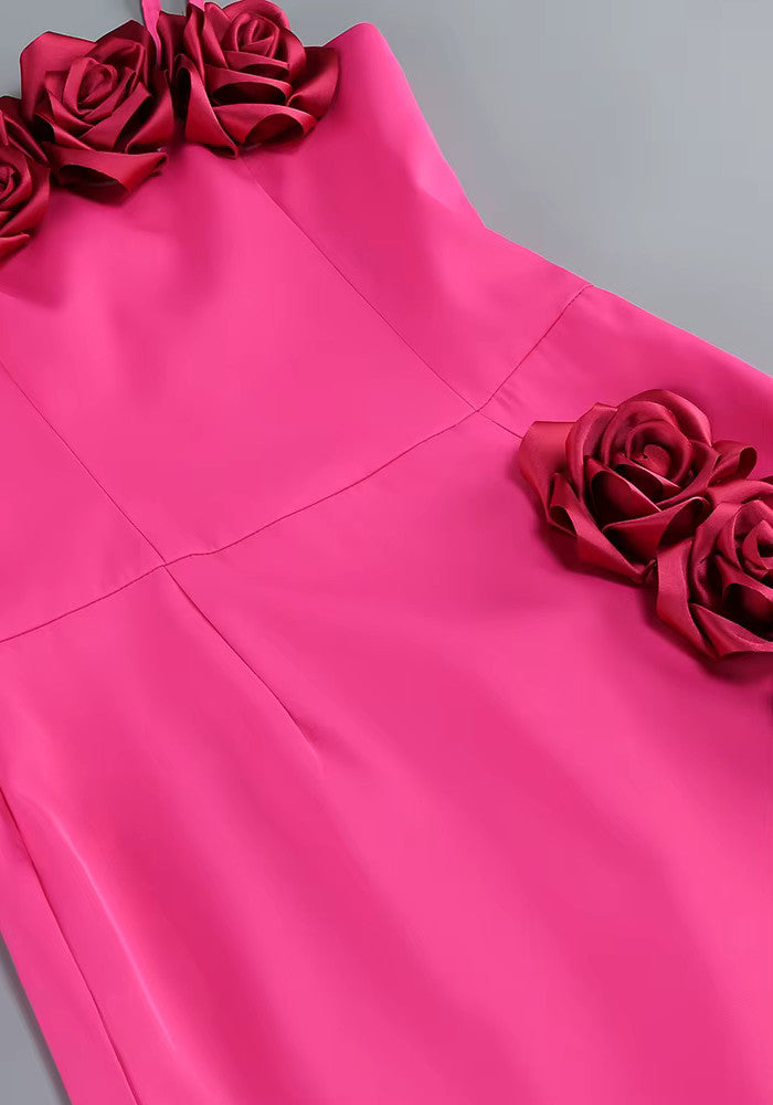 Floral Detail Midi Dress Hot Pink