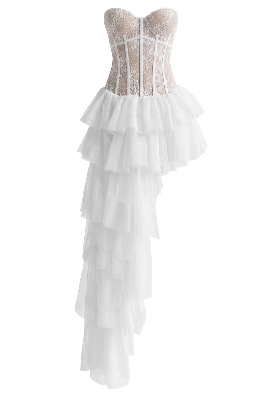 Strapless Lace Corset Ruffle Maxi Dress White