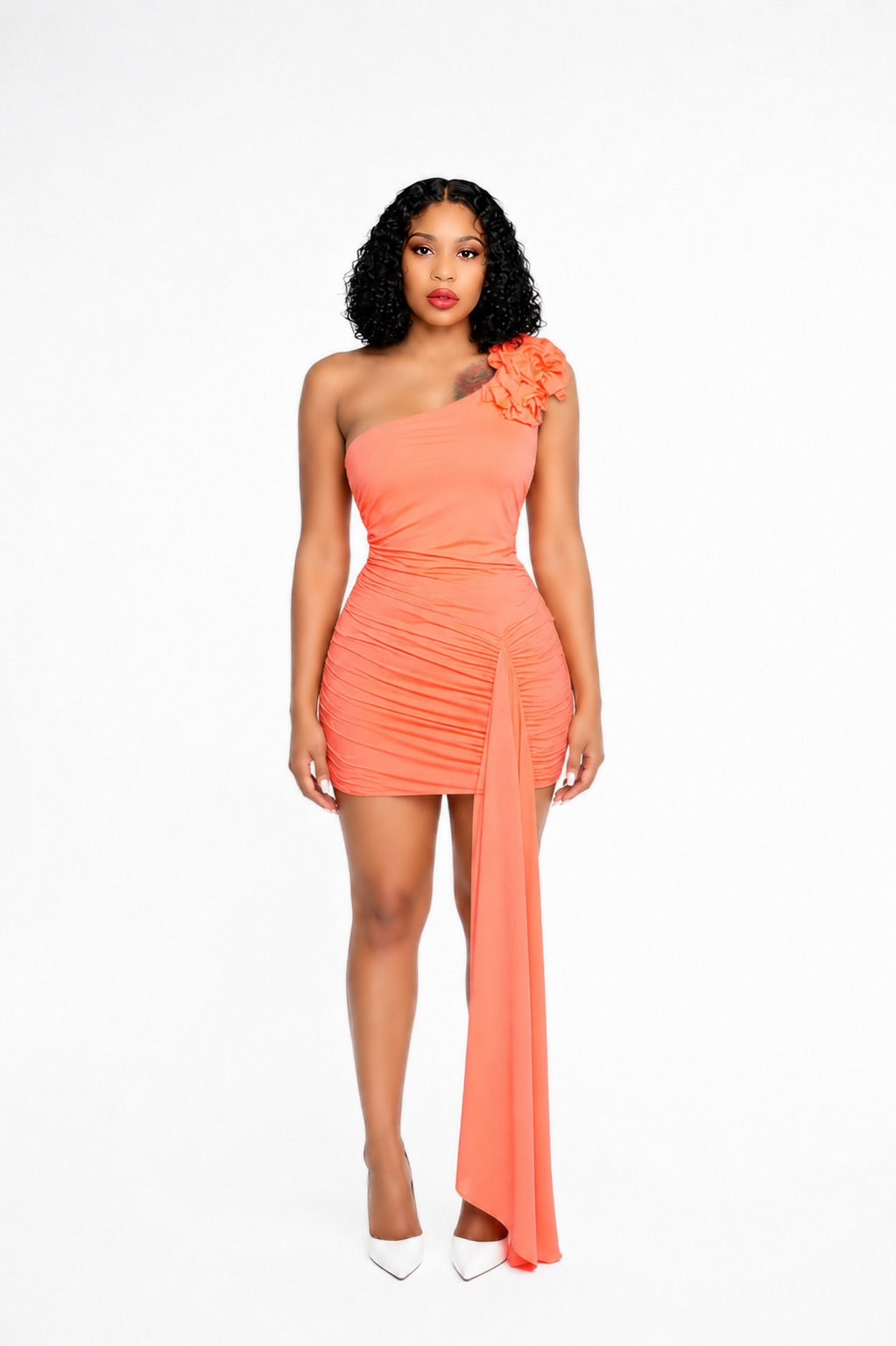 Floral One Shoulder Ruched Dress Orange
