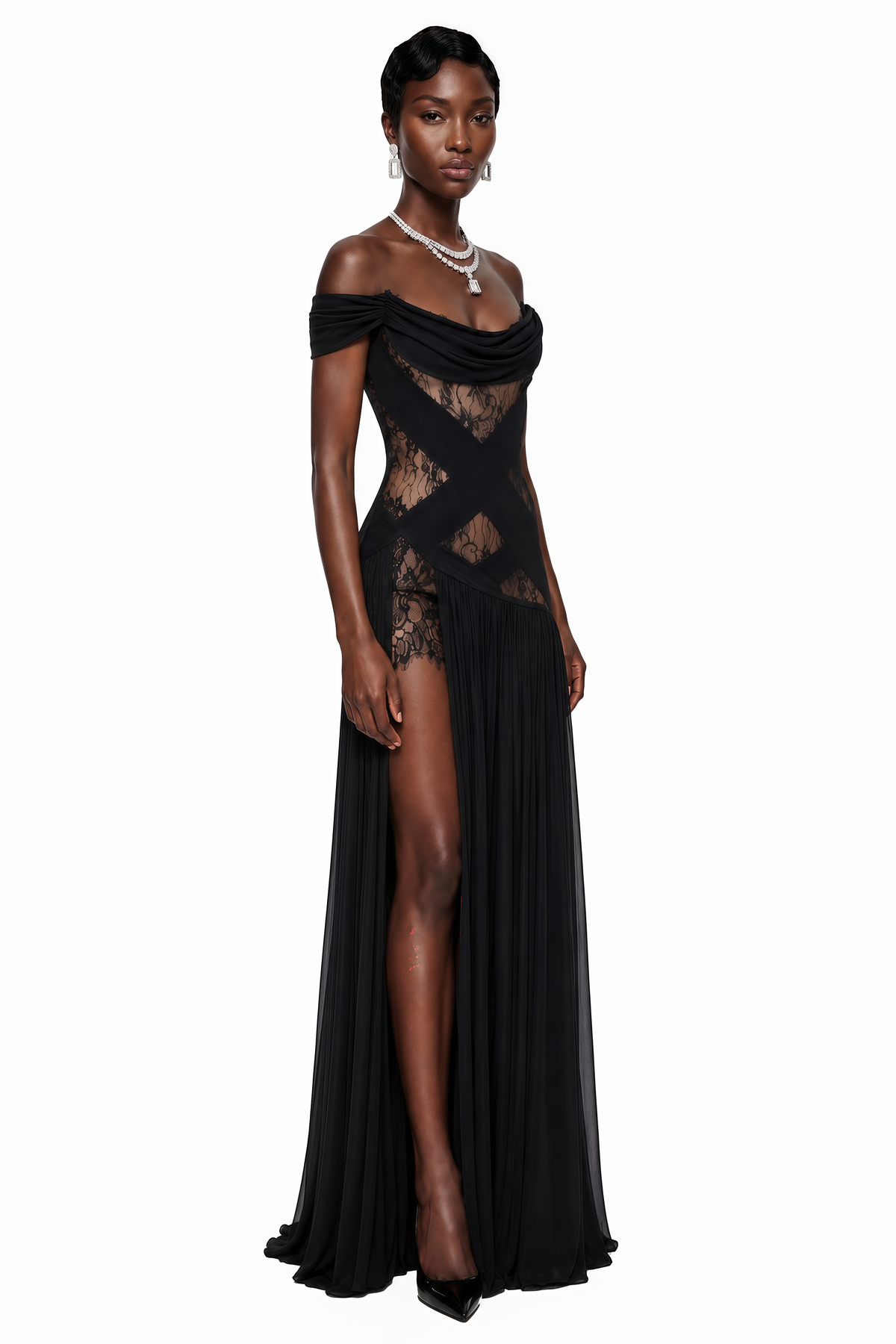 Dildar Black Cross Front Maxi Dress with Lace Panels