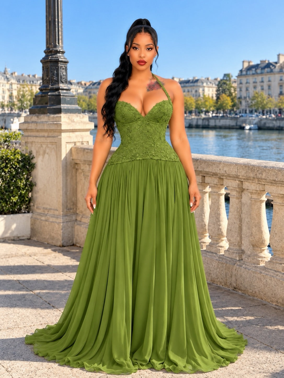 Amara Olive Lace Corset Maxi Dress