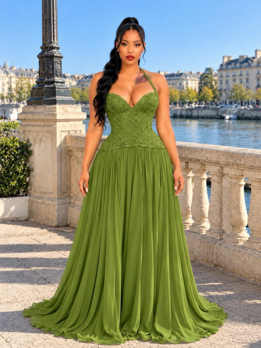 Amara Olive Lace Corset Maxi Dress