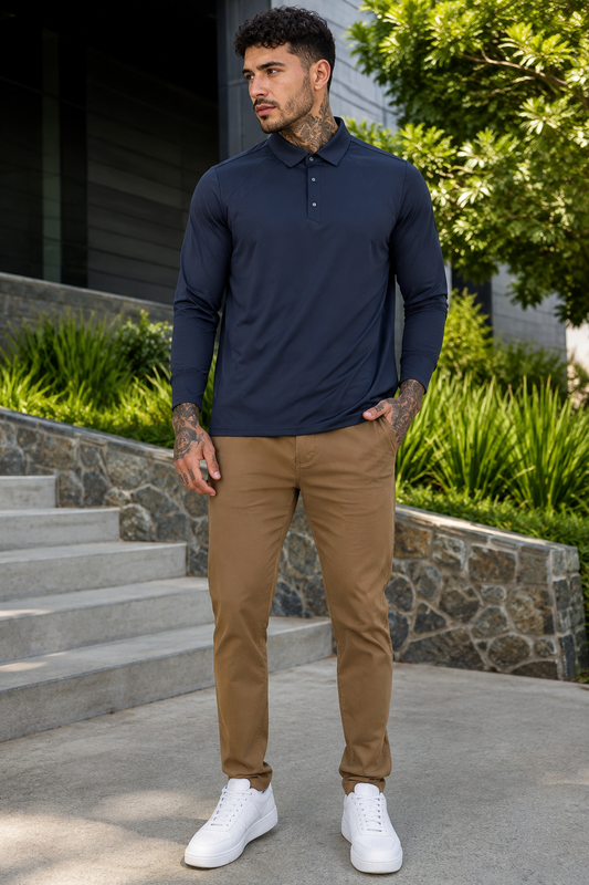 Men's Plus Size Long Sleeve Button Detail Polo