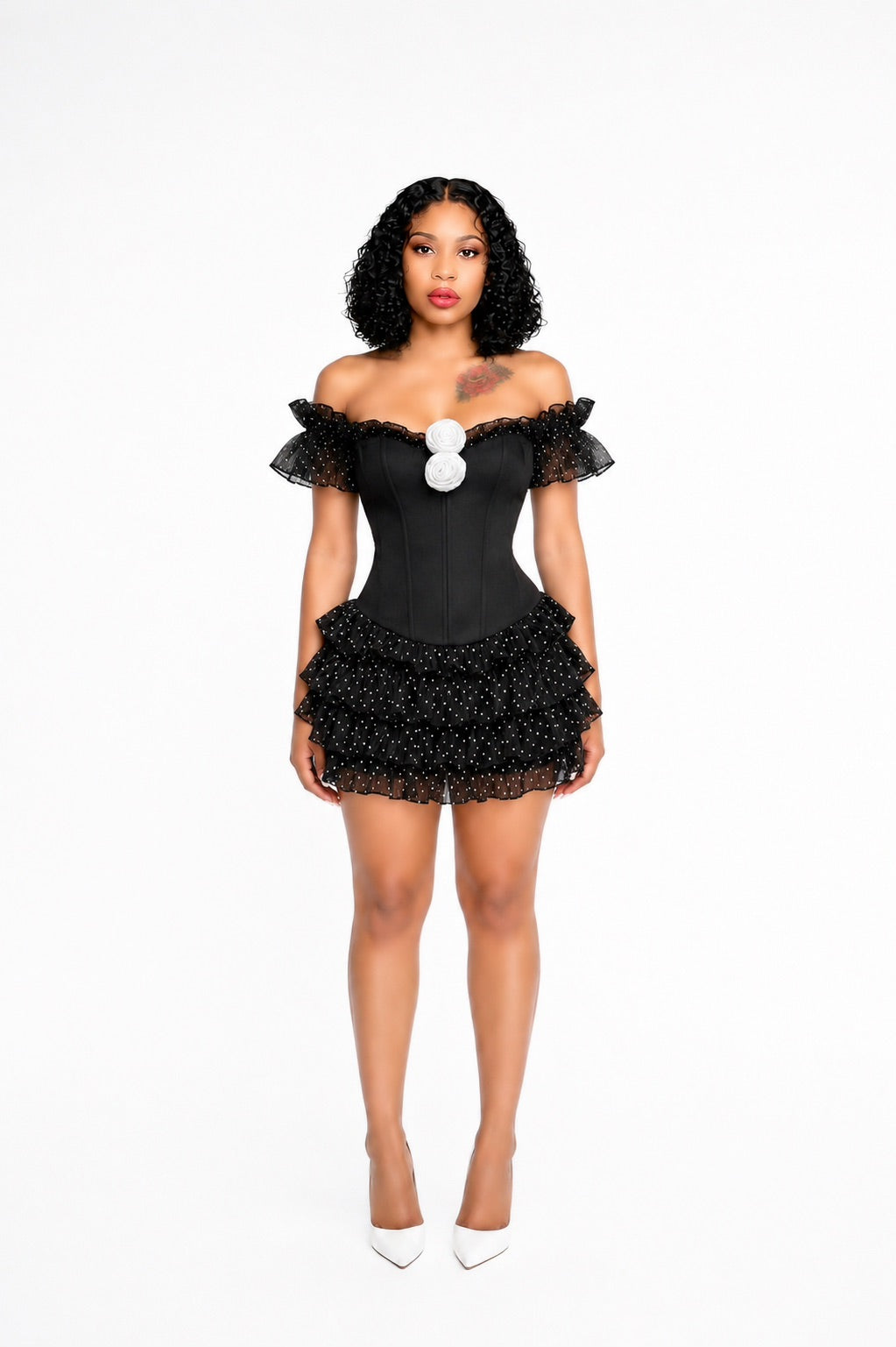Ruffle Bardot Corset Two Piece Dress Black