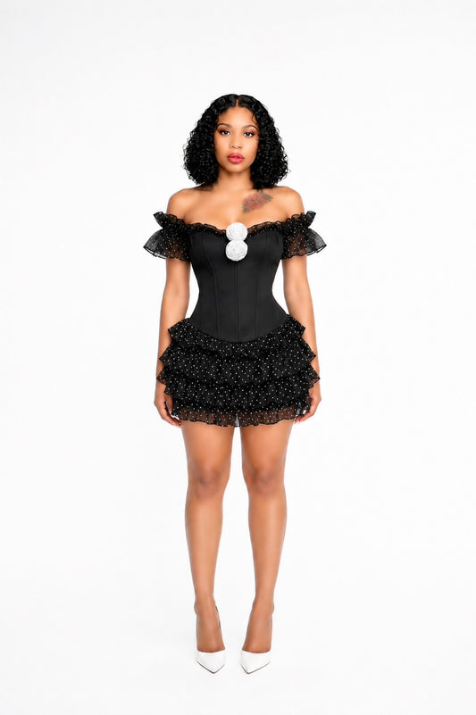 Ruffle Bardot Corset Two Piece Dress Black