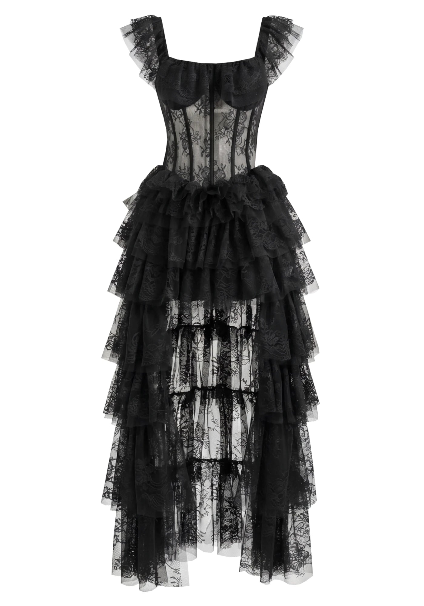 Lace Ruffle Maxi Dress Black