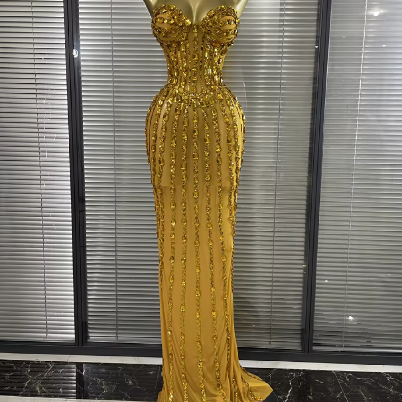Gold Strapless Mesh See Through Long Dress