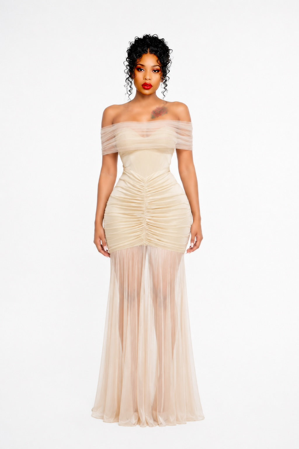 Bardot Ruched Maxi Dress Ivory