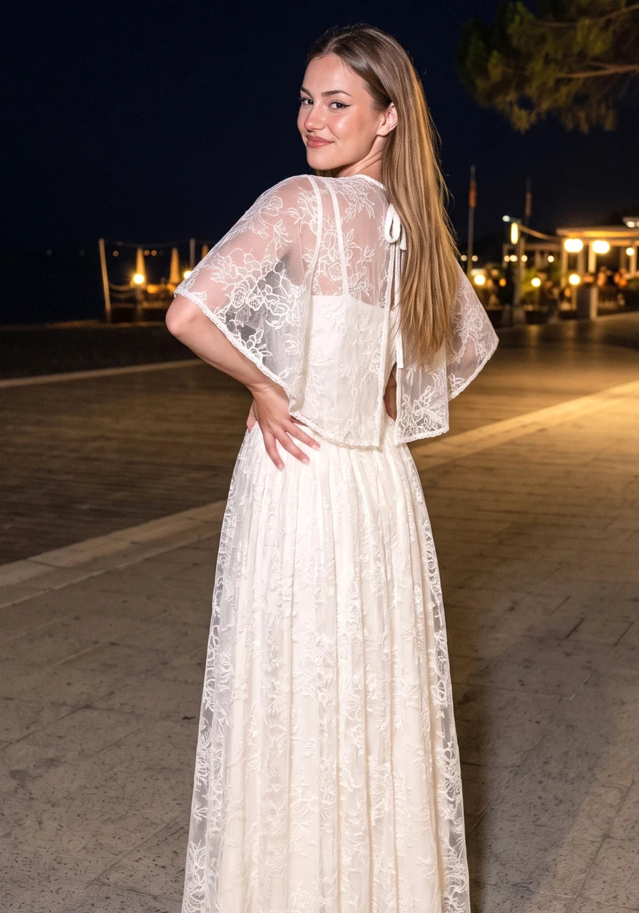 Lace Cape Strapless A Line Maxi Dress Ivory