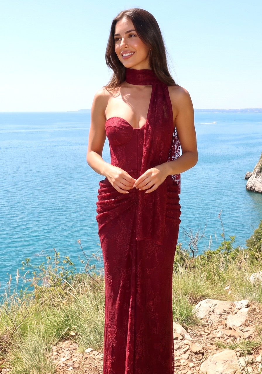 Strapless Draped Lace Bustier Maxi Dress Burgundy