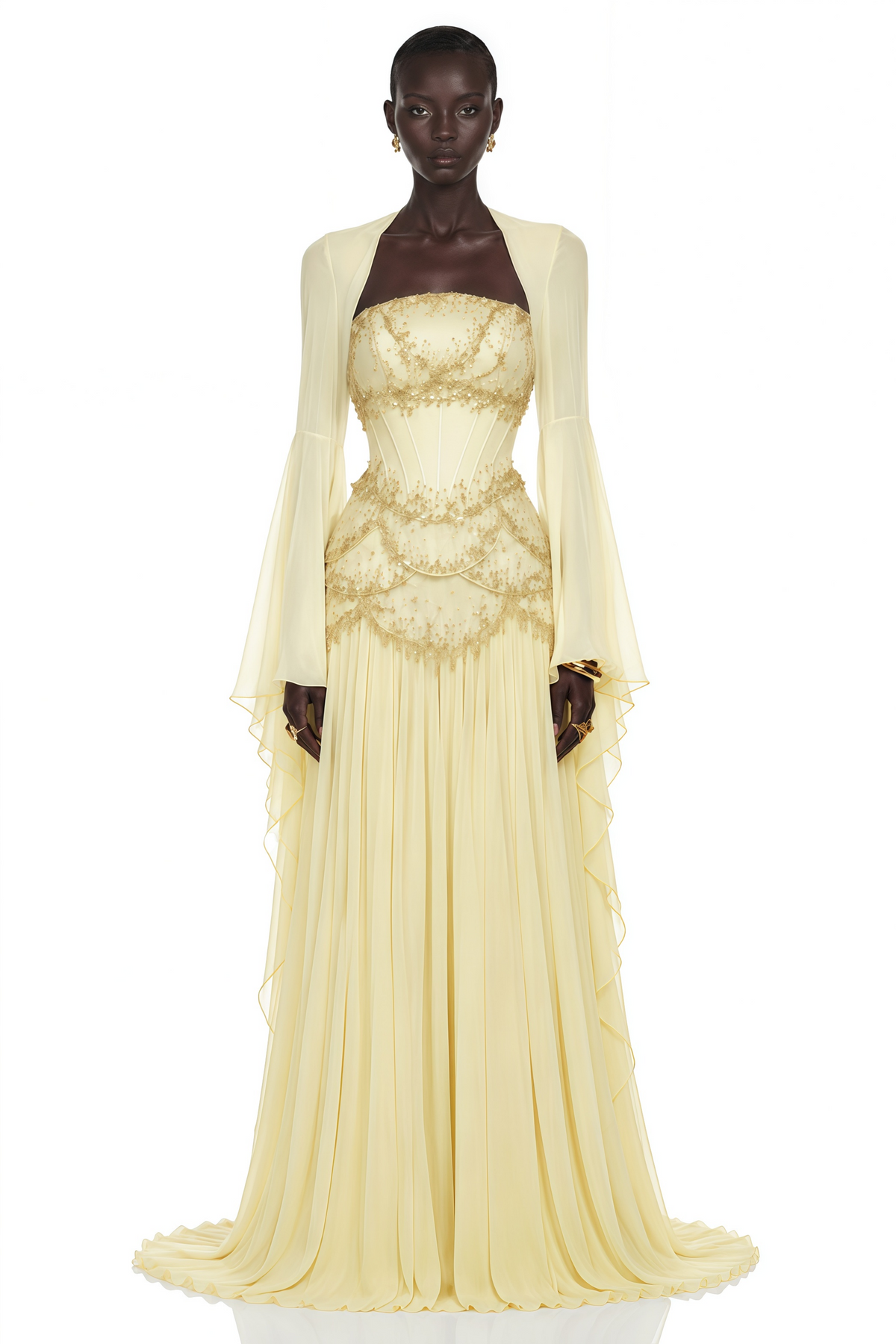 Yellow Faux-pearl-embellished Pleated Maxi Dress