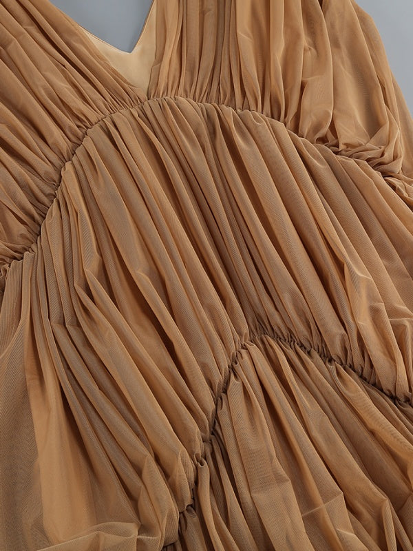 Caramel Draped Pleated Maxi Dress