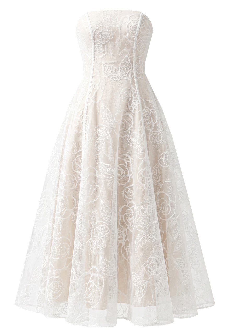Strapless Lace A Line Maxi Dress White