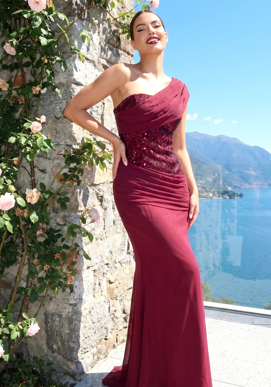 Draped One Shoulder Sequin Corset Maxi Dress Burgundy
