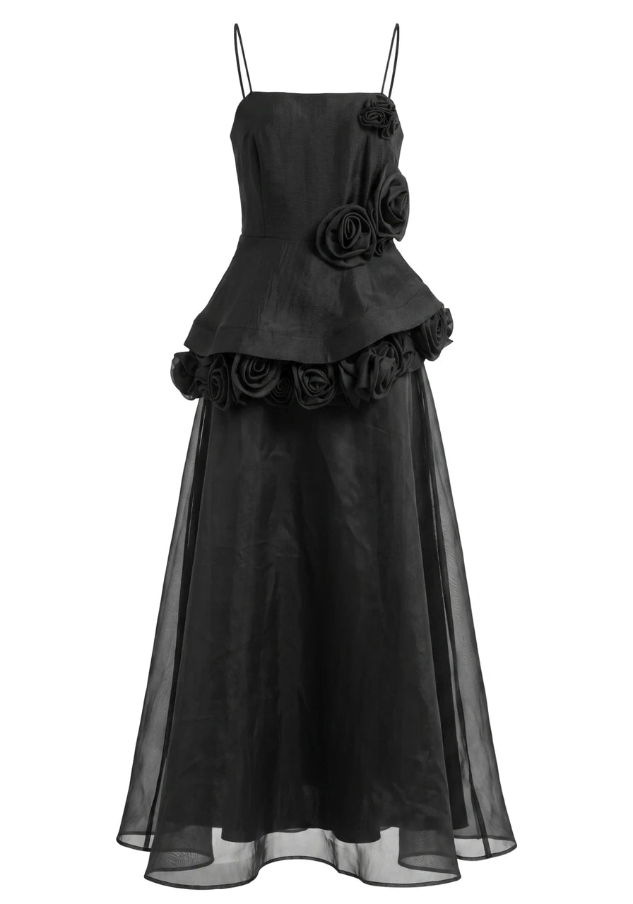 Floral Detail A Line Maxi Dress Black