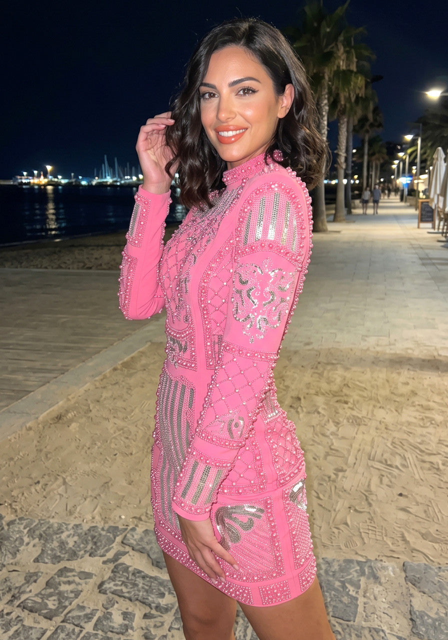 Long Sleeve Sequin Embellished Dress Hot Pink