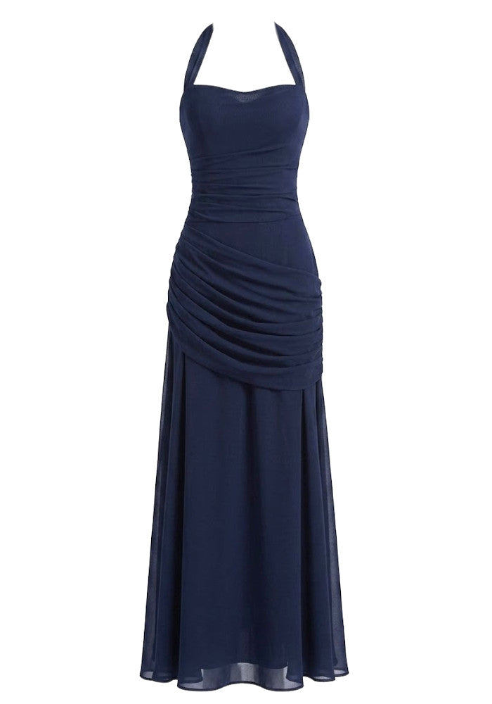 Halter Draped Corset Maxi Dress Navy Blue