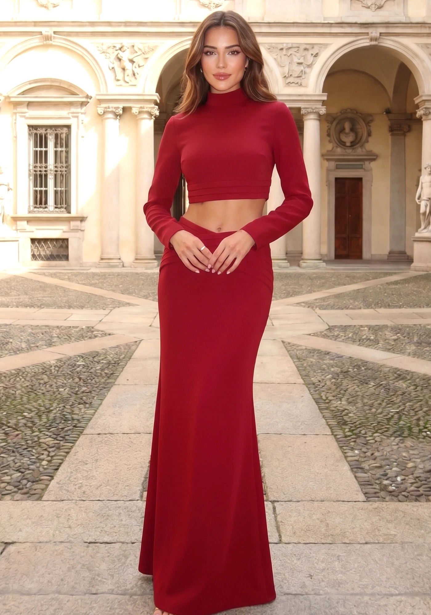 Long Sleeve Two Piece Maxi Dress Red