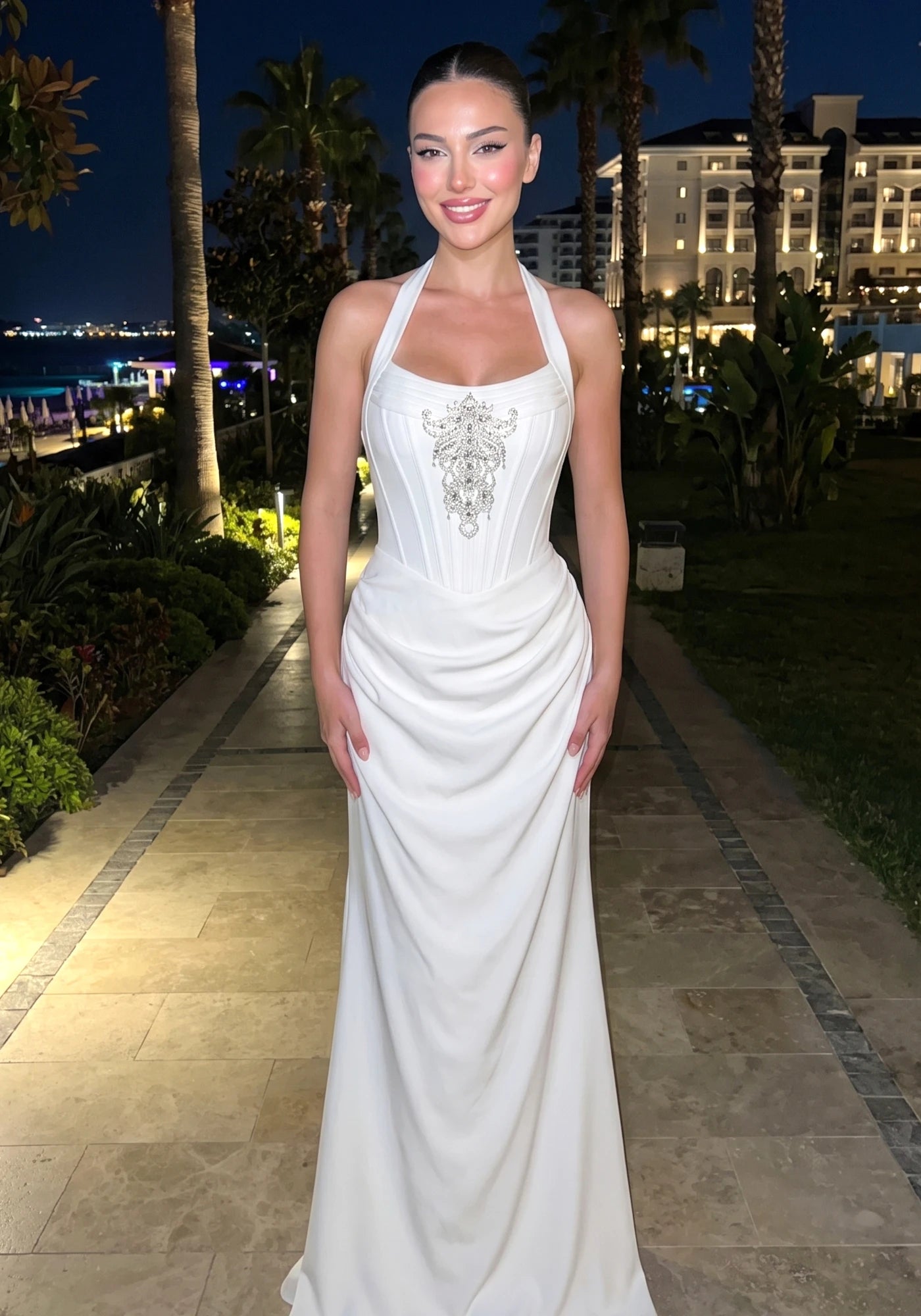 Halter Crystal Structured Draped Maxi Dress White
