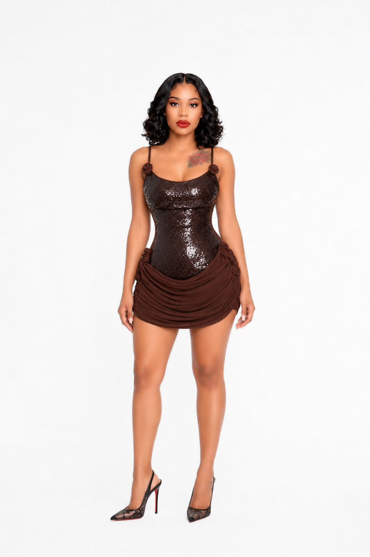 Sequin Floral Draped Corset Dress brown