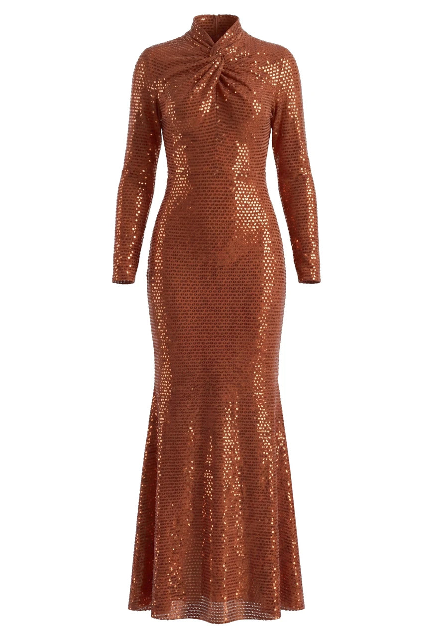 Long Sleeve Embellished A Line Maxi Dress Brown