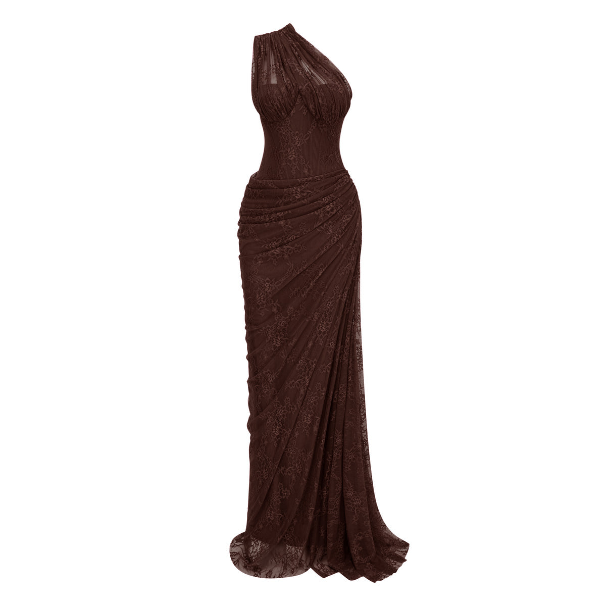Stefania Brown Red Floral Lace Maxi Gown