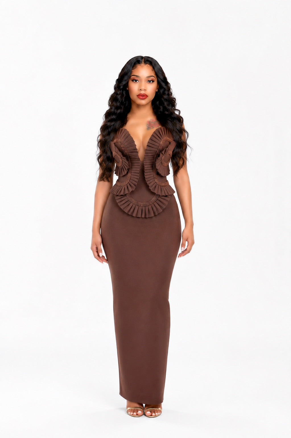 Strapless Pleated Detail Maxi Dress Brown
