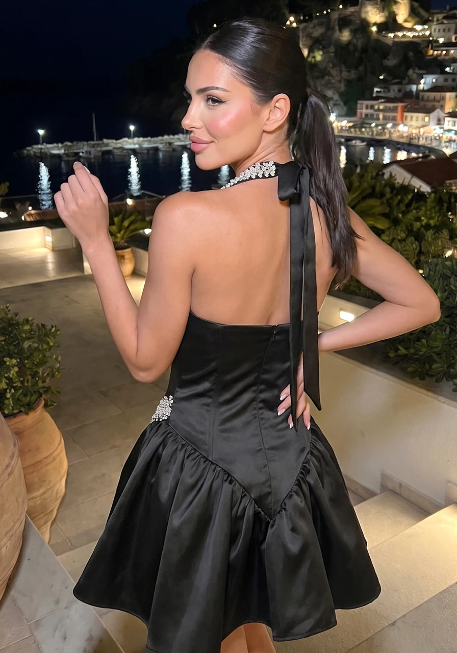 Halter Crystal Sequin A Line Dress Black