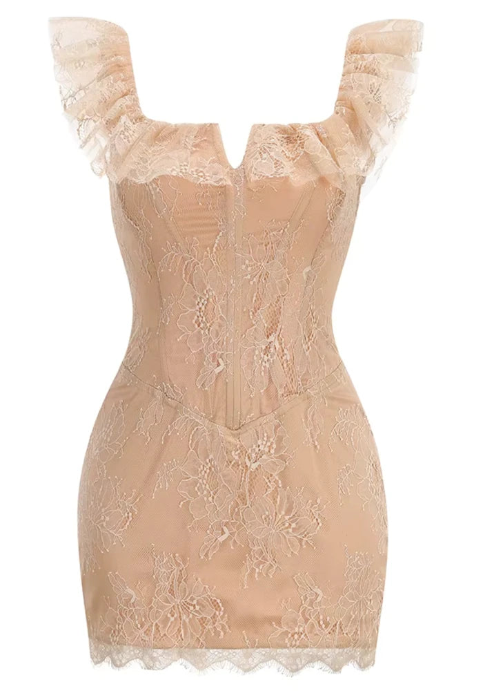 Lace Ruffle Structured Dress Peach Nude