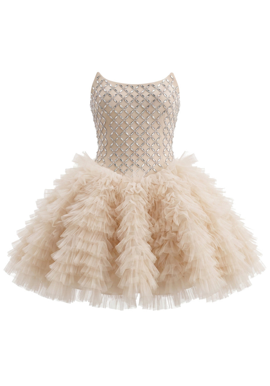 Strapless Embellished Ruffle Dress Nude