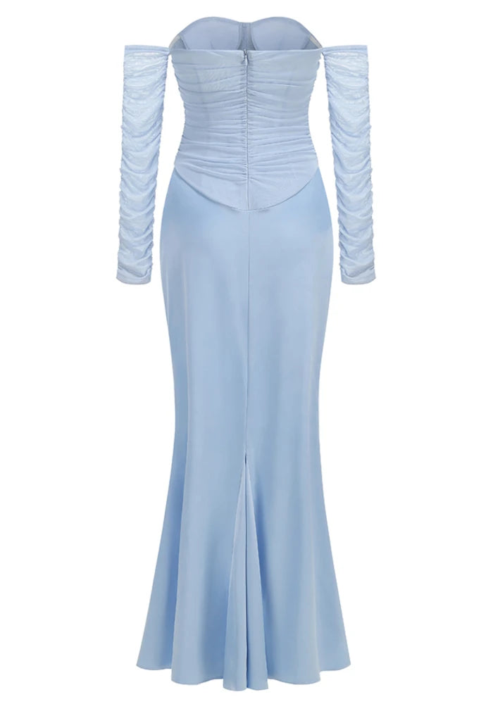 Long Sleeve Draped Mesh Bustier Maxi Dress Blue